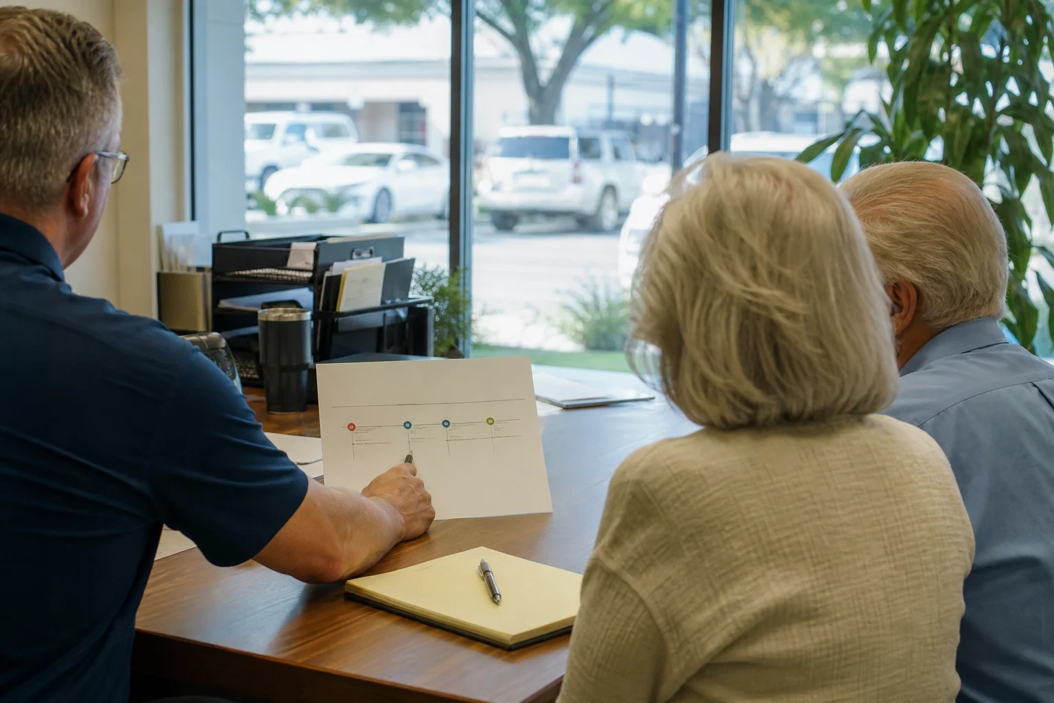 Agent seated at a wooden desk with an older couple, pointing a pen at a printed timeline chart, with a yellow notepad on the desk and a front window behind them