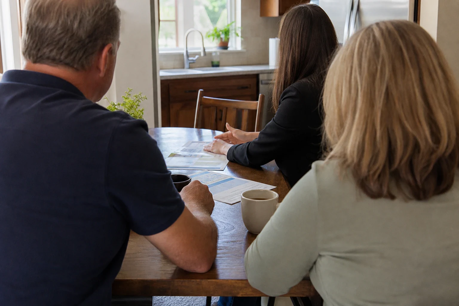 A man and woman seen from behind sit at a wooden kitchen table with coffee mugs while an agent points to printed pages, with a sink and window in the background